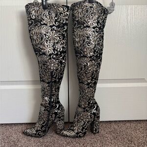 Velvet Black and Silver Sequin Embroidered Thigh-High Boots